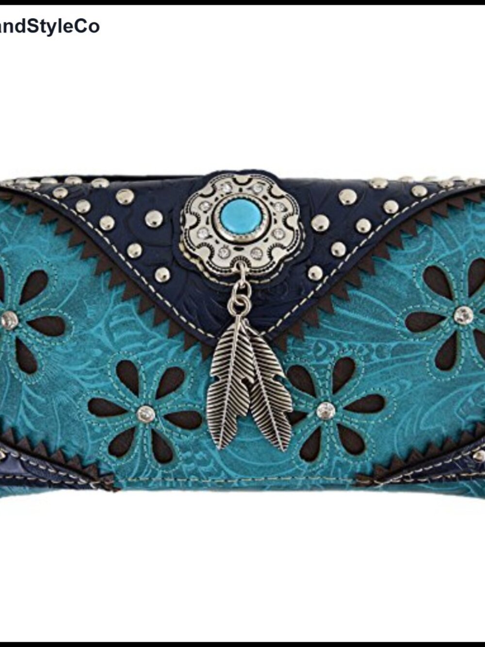 Vegan Leather Western Feather Tooled Floral Laser Cut Trifold Wallet with Strap